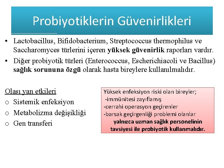 Probiyotiklerin Güvenirlikleri • Lactobacillus, Bifidobacterium, Streptococcus thermophilus ve Saccharomyces türlerini içeren yüksek güvenirlik raporları