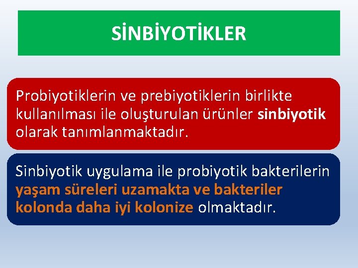 SİNBİYOTİKLER Probiyotiklerin ve prebiyotiklerin birlikte kullanılması ile oluşturulan ürünler sinbiyotik olarak tanımlanmaktadır. Sinbiyotik uygulama