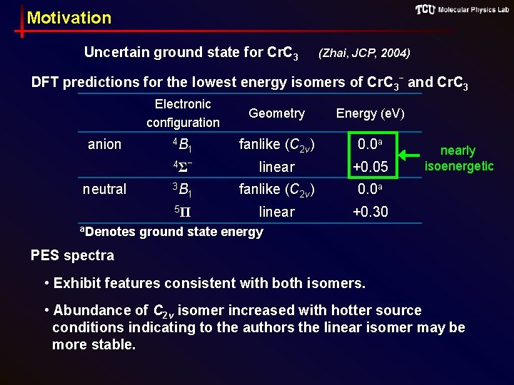 Motivation Uncertain ground state for Cr. C 3 (Zhai, JCP, 2004) DFT predictions for