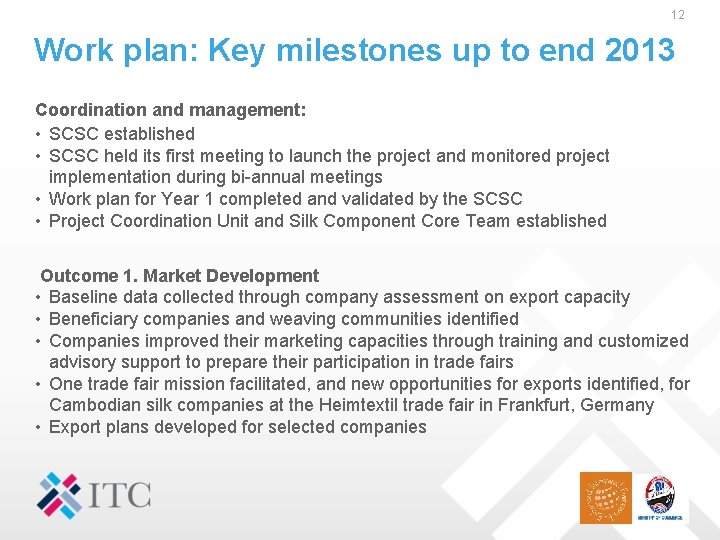 12 Work plan: Key milestones up to end 2013 Coordination and management: • SCSC