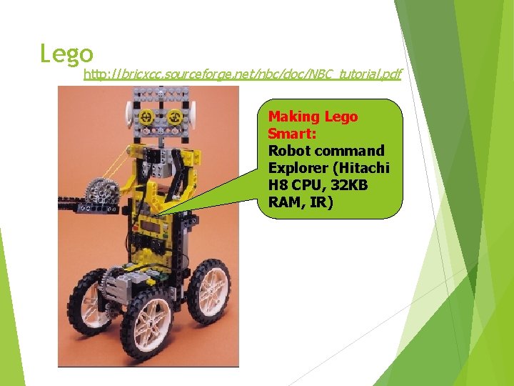 Lego http: //bricxcc. sourceforge. net/nbc/doc/NBC_tutorial. pdf Making Lego Smart: Robot command Explorer (Hitachi H