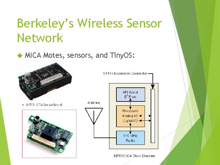 Berkeley’s Wireless Sensor Network MICA Motes, sensors, and Tiny. OS: 