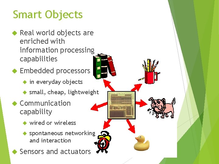 Smart Objects Real world objects are enriched with information processing capabilities Embedded processors in