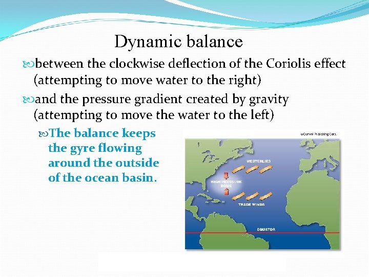 Dynamic balance between the clockwise deflection of the Coriolis effect (attempting to move water