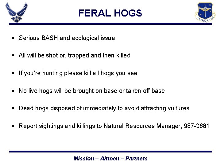 FERAL HOGS § Serious BASH and ecological issue § All will be shot or,
