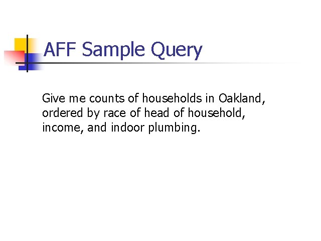 AFF Sample Query Give me counts of households in Oakland, ordered by race of