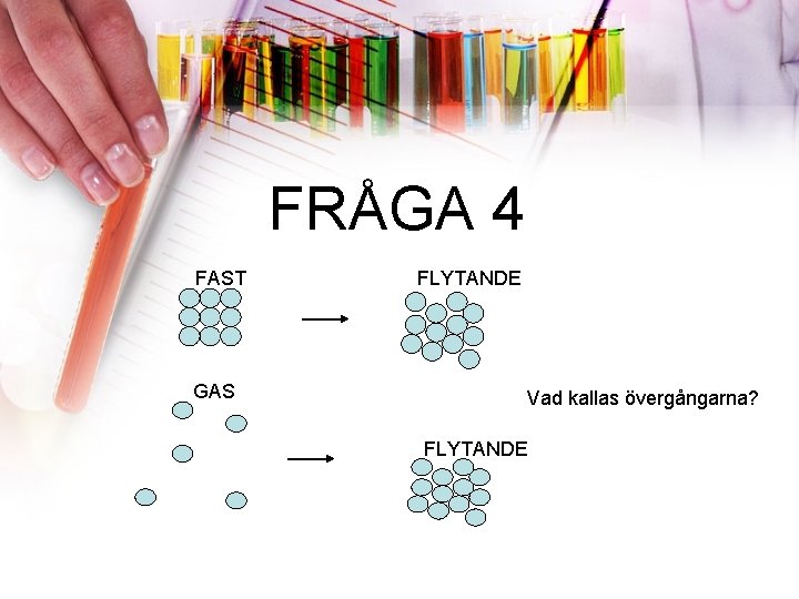 FRÅGA 4 FAST GAS FLYTANDE Vad kallas övergångarna? FLYTANDE 