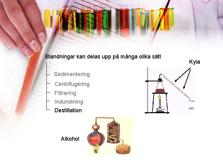 Blandningar kan delas upp på många olika sätt Sedimentering Centrifugering Filtrering Indunstning Destillation Alkohol