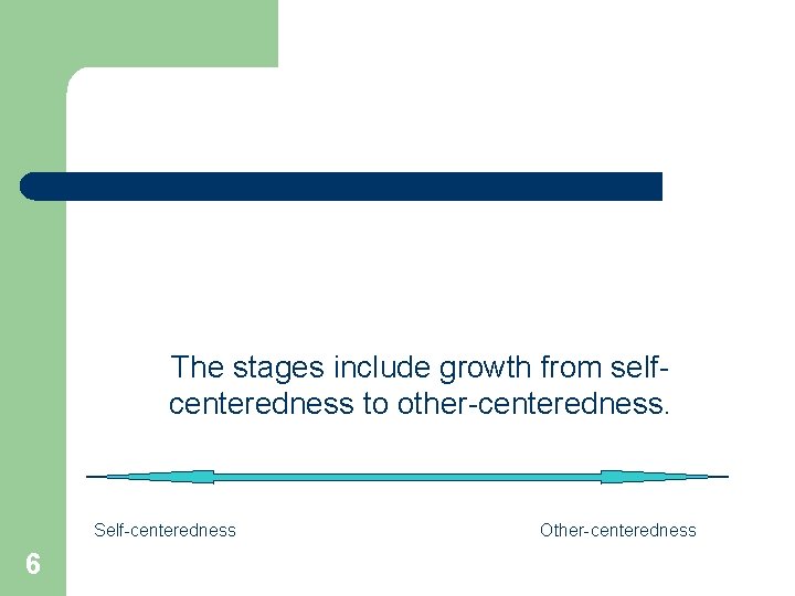 The stages include growth from selfcenteredness to other-centeredness. Self-centeredness 6 Other-centeredness 