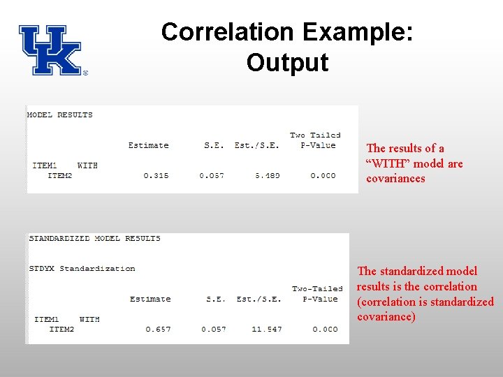 Correlation Example: Output The results of a “WITH” model are covariances The standardized model