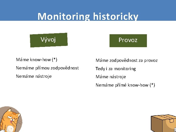 Monitoring historicky Vývoj Provoz Máme know-how (*) Máme zodpovědnost za provoz Nemáme přímou zodpovědnost