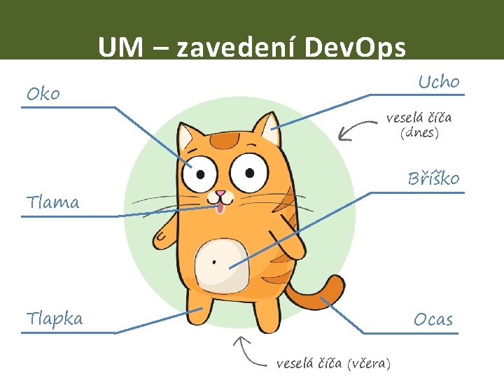 UM – zavedení Dev. Ops Oko Ucho veselá číča (dnes) Bříško Tlama Tlapka Ocas