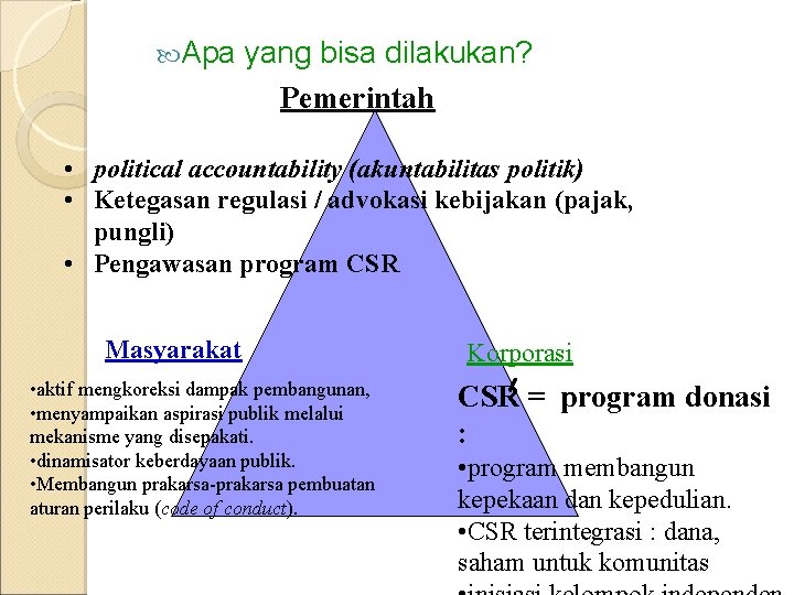  Apa yang bisa dilakukan? Pemerintah • political accountability (akuntabilitas politik) • Ketegasan regulasi