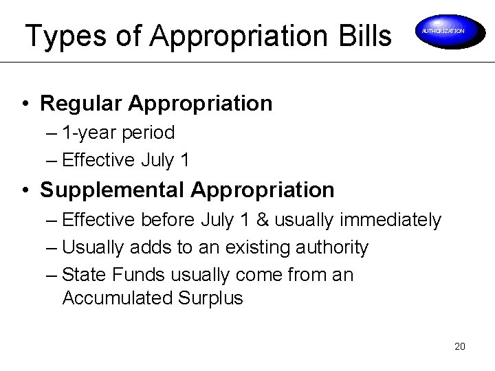 Types of Appropriation Bills AUTHORIZATION • Regular Appropriation – 1 -year period – Effective