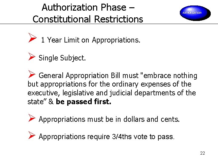 Authorization Phase – Constitutional Restrictions AUTHORIZATION Ø 1 Year Limit on Appropriations. Ø Single