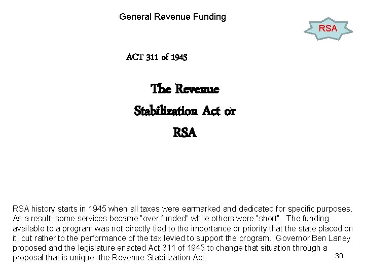 General Revenue Funding RSA ACT 311 of 1945 The Revenue Stabilization Act or RSA