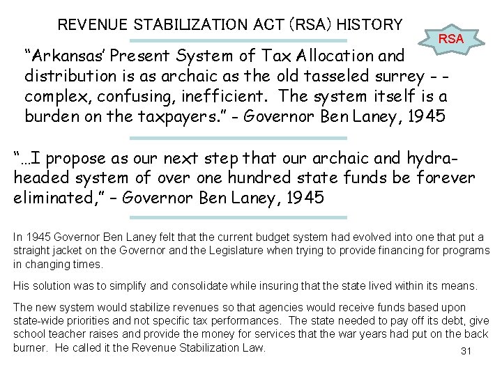 REVENUE STABILIZATION ACT (RSA) HISTORY RSA “Arkansas’ Present System of Tax Allocation and distribution