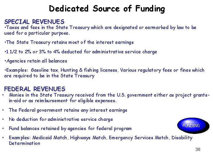 Dedicated Source of Funding SPECIAL REVENUES • Taxes and fees in the State Treasury