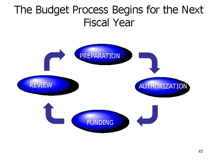 The Budget Process Begins for the Next Fiscal Year PREPARATION REVIEW AUTHORIZATION FUNDING 45