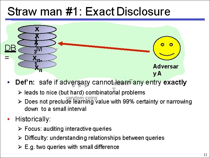 Straw man #1: Exact Disclosure DB = • x x 1 x 2 3