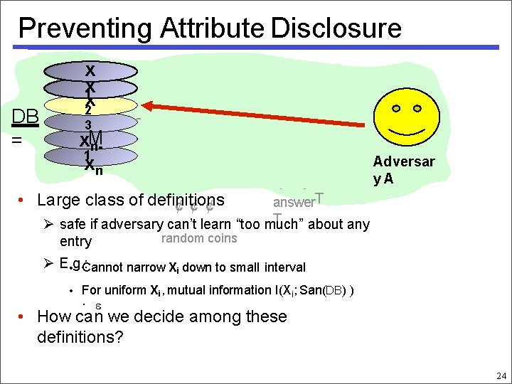 Preventing Attribute Disclosure DB = • x x 1 x 2 query 1 answer