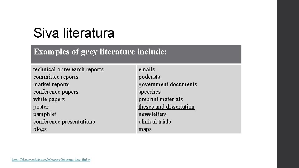 Siva literatura Examples of grey literature include: technical or research reports committee reports market
