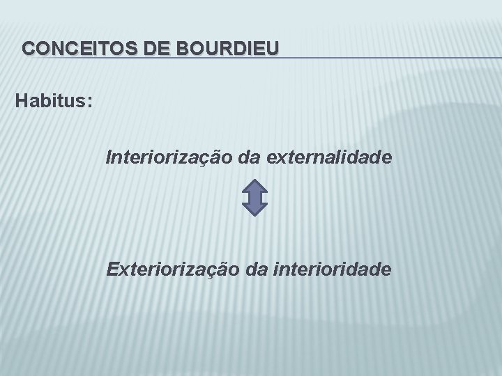 CONCEITOS DE BOURDIEU Habitus: Interiorização da externalidade Exteriorização da interioridade 