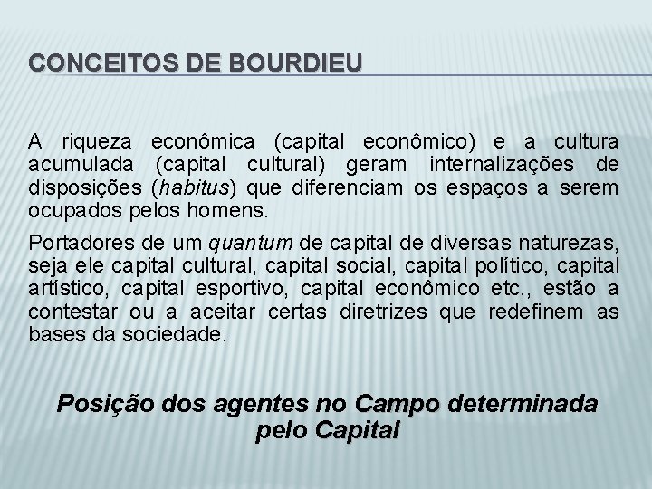 CONCEITOS DE BOURDIEU A riqueza econômica (capital econômico) e a cultura acumulada (capital cultural)