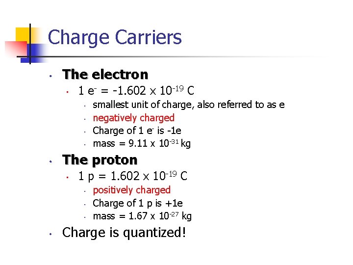 Charge Carriers • The electron • 1 e- = -1. 602 x 10 -19