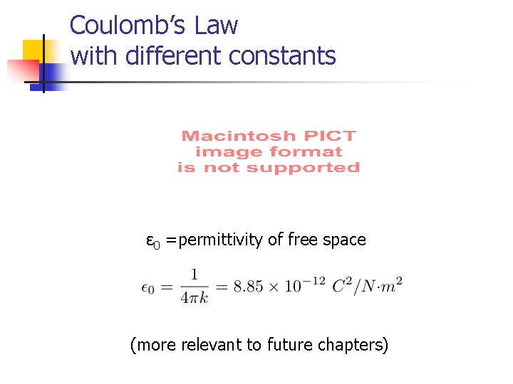 Coulomb’s Law with different constants ε 0 =permittivity of free space (more relevant to