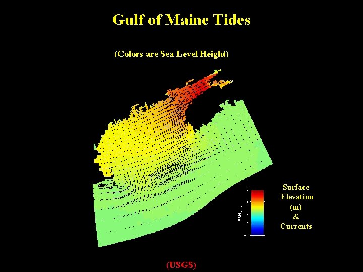 Gulf of Maine Tides (Colors are Sea Level Height) Surface Elevation (m) & Currents