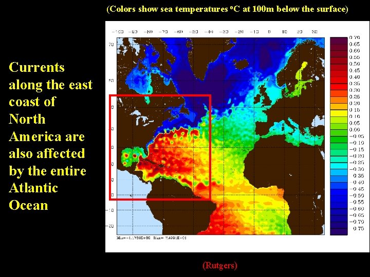 (Colors show sea temperatures o. C at 100 m below the surface) Currents along