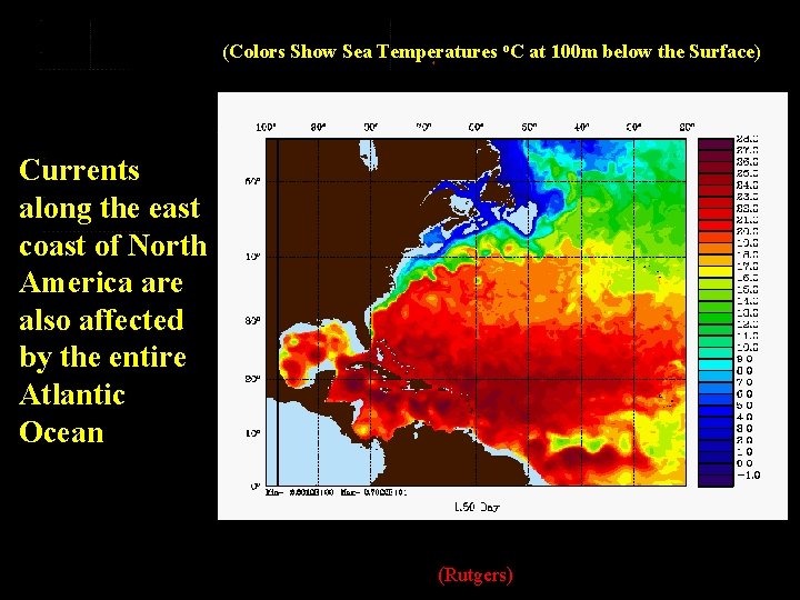 (Colors Show Sea Temperatures o. C at 100 m below the Surface) Currents along