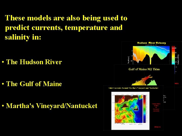 These models are also being used to predict currents, temperature and salinity in: •