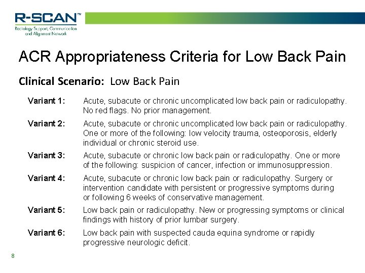 ACR Appropriateness Criteria for Low Back Pain Clinical Scenario: Low Back Pain 8 Variant