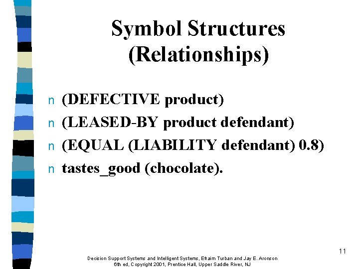 Symbol Structures (Relationships) n n (DEFECTIVE product) (LEASED-BY product defendant) (EQUAL (LIABILITY defendant) 0.