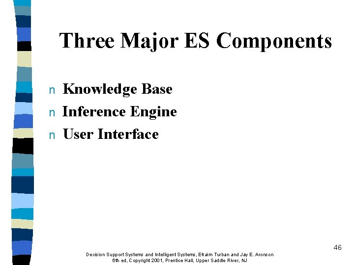 Three Major ES Components n n n Knowledge Base Inference Engine User Interface 46