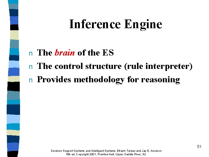 Inference Engine n n n The brain of the ES The control structure (rule