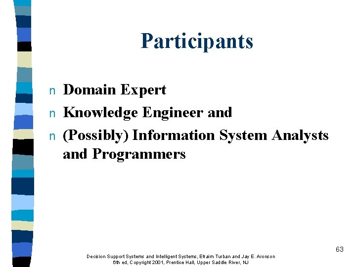 Participants n n n Domain Expert Knowledge Engineer and (Possibly) Information System Analysts and