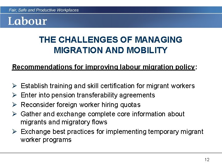 THE CHALLENGES OF MANAGING MIGRATION AND MOBILITY Recommendations for improving labour migration policy: Ø