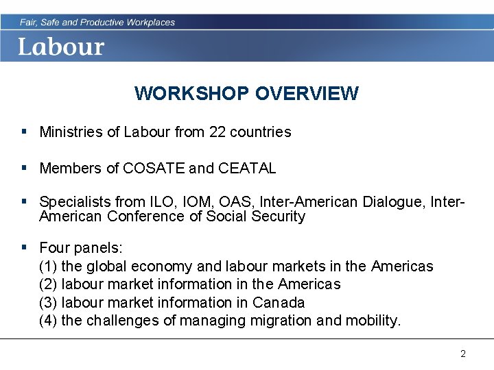 WORKSHOP OVERVIEW § Ministries of Labour from 22 countries § Members of COSATE and