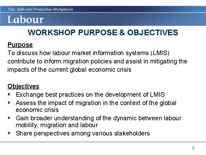 WORKSHOP PURPOSE & OBJECTIVES Purpose To discuss how labour market information systems (LMIS) contribute