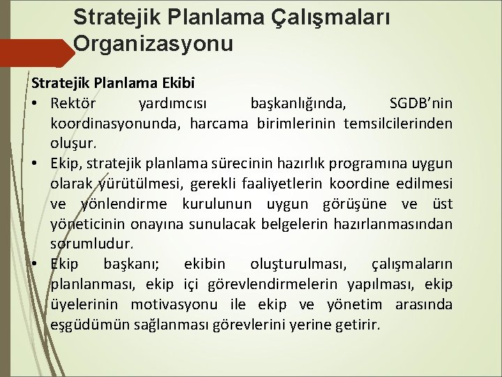 Stratejik Planlama Çalışmaları Organizasyonu Stratejik Planlama Ekibi • Rektör yardımcısı başkanlığında, SGDB’nin koordinasyonunda, harcama