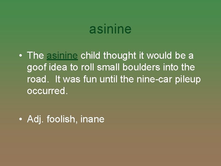 asinine • The asinine child thought it would be a goof idea to roll