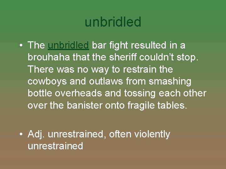 unbridled • The unbridled bar fight resulted in a brouhaha that the sheriff couldn’t