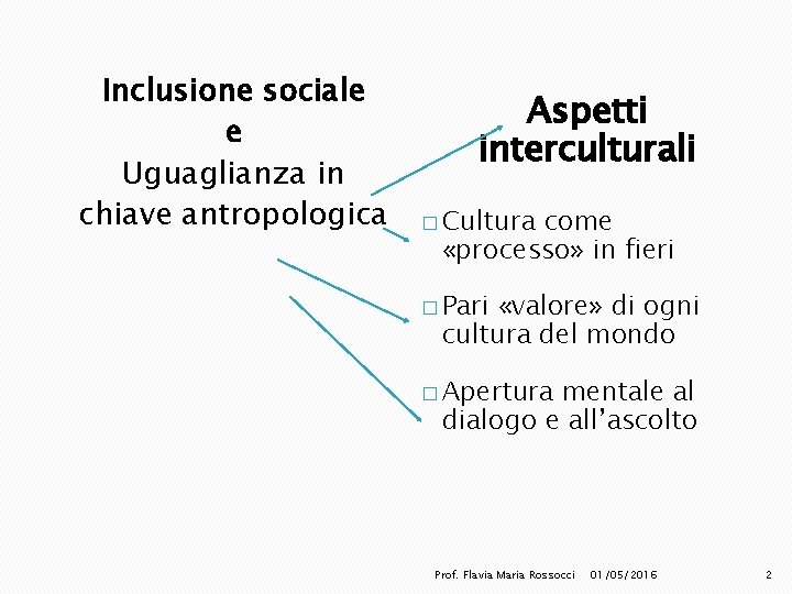 Inclusione sociale e Uguaglianza in chiave antropologica Aspetti interculturali � Cultura come «processo» in