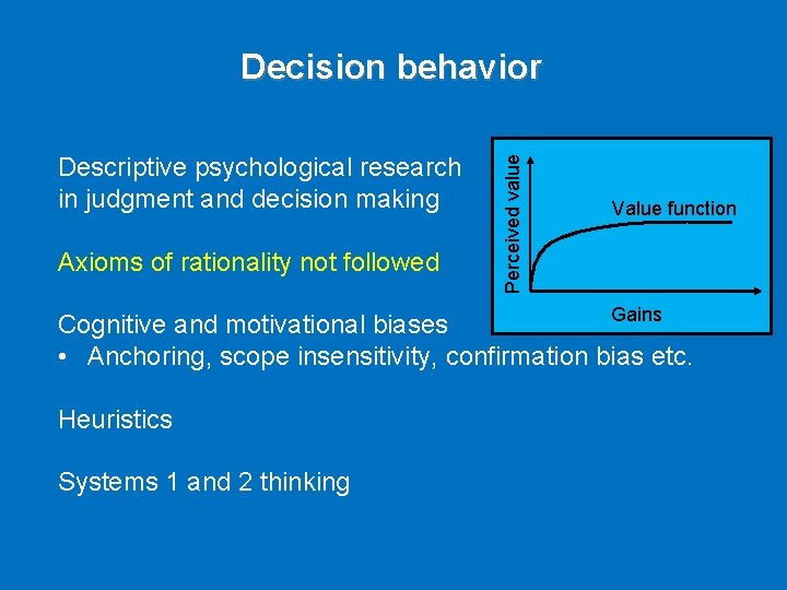 Descriptive psychological research in judgment and decision making Axioms of rationality not followed Perceived