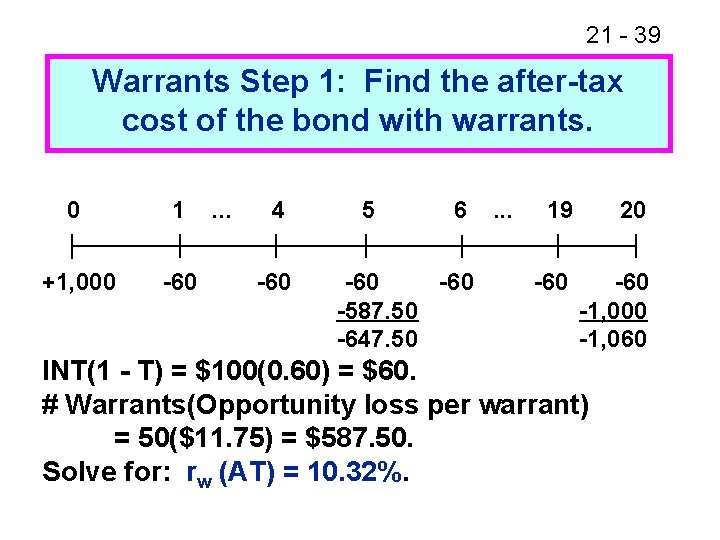 21 - 39 Warrants Step 1: Find the after-tax cost of the bond with