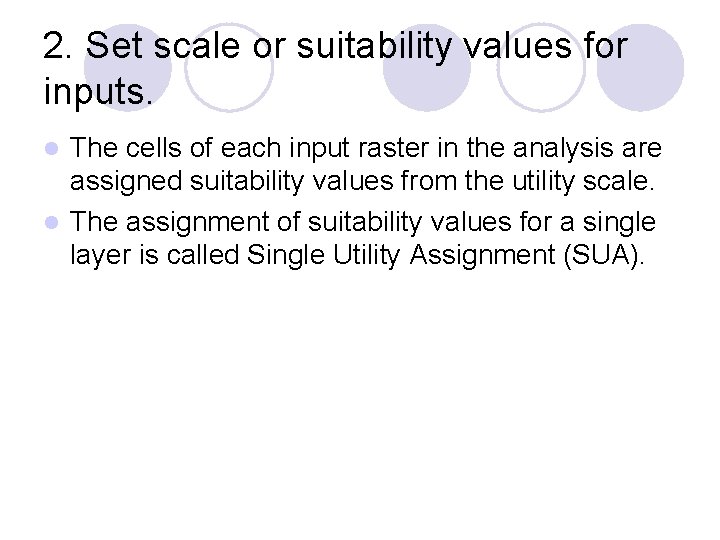 2. Set scale or suitability values for inputs. The cells of each input raster