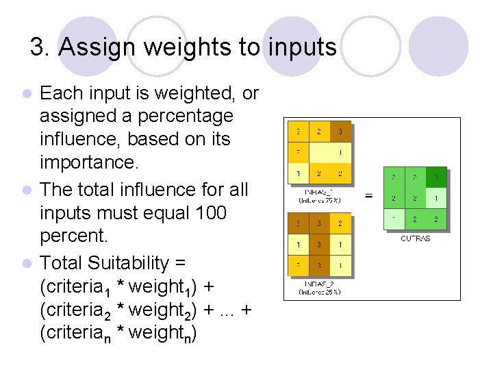 3. Assign weights to inputs Each input is weighted, or assigned a percentage influence,